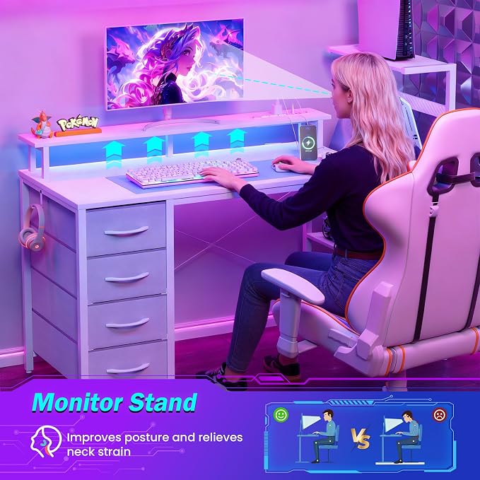 59 Inch Gaming Desk with Drawers & PC Tower Stand & LED Lights, White | Reversible, Monitor Shelf, Power Outlets, Carbon Fiber, Mesa Gamer, Computer Desk with Storage, Gaming Table for Home Office - Image 8