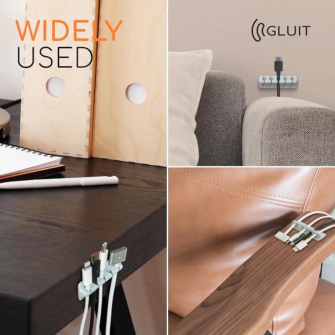 Cord Organizer for Desk, Nightstand Cable Holder, 5 Pack, Multislot, Grey | GLUIT Adhesive Charger Organizer, Cable Management for Desk Car Office Home College Dorm Room Cable Clips for Cords - Image 6