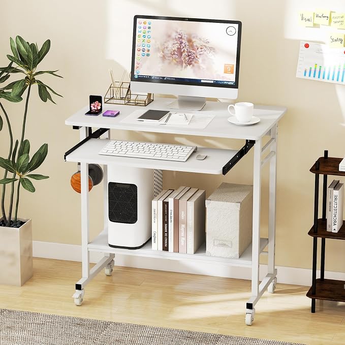 Tangkula Rolling Computer Desk Cart with Keyboard Tray, Mobile Portable Laptop PC Desk with CPU Stand & 3 Hooks for Sofa & Bed, Compact Small Desk on Wheels for Small Spaces (White) - Image 2