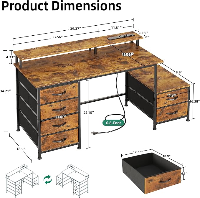 52 Inch Office Desk with 6 Drawers and Printer Space for Storage, Reversible Computer Desk with Monitor Stand & Power Outlets, Home Office Desks, Vintage - Image 3