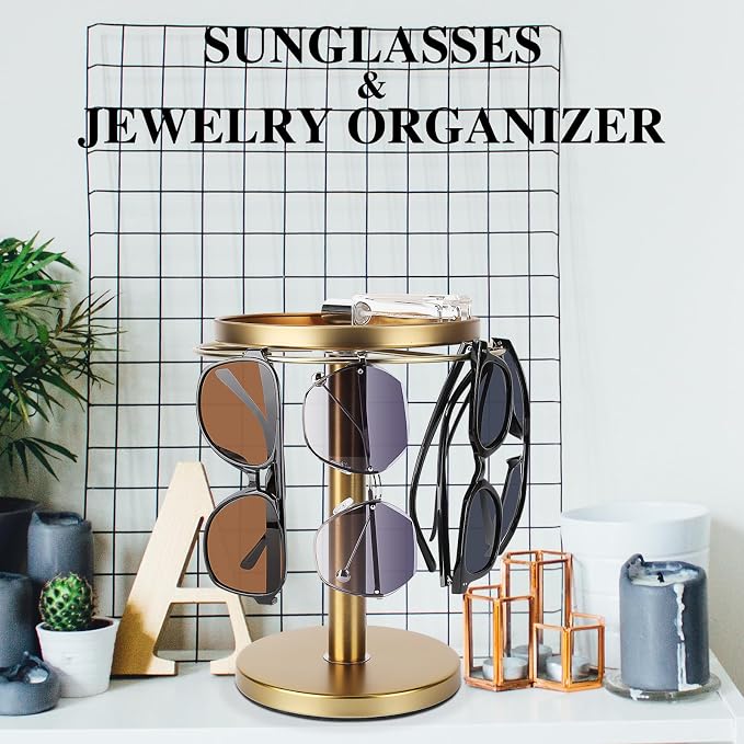 kondyfayo 360° Rotating Sunglass Organizer Storage, Stainless Steel Glasses Holder Stand, Glasses Organizer with Tray for Desk, Dresser, Tabletop, Nightstand and Home Decor (Gold) | Stainless Steel Stand with 360 Rotation Holds 9 to 12 Pairs. Top Tray ... - Image 3