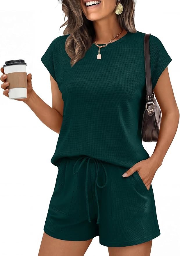 ANRABESS Womens Waffle Knit 2 Piece Short Sets Cap Sleeve Summer 2026 Matching Lounge Outfits Travel Beach Vacation Sweatsuit by ANRABESS