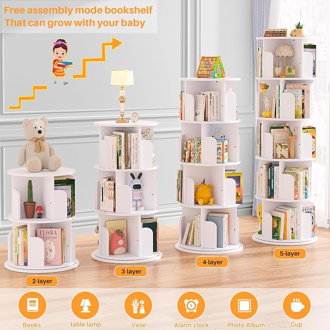 Aheaplus Rotating Bookshelf, 360 Display Wood Spinning Bookshelf Tower, 5 Tier Floor Standing Bookcase Storage Rack, Revolving Bookcase Corner Bookshelfs for Small Space, Bedroom, Study Room, White - Image 5