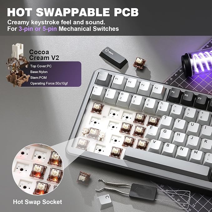 YUNZII B75 PRO 75% Wireless Mechanical Keyboard (Dark Grey,Cocoa V2) | Hot Swap Keyboard with Knob, Gasket Mount, Creamy Pre-lubed Switch for Smooth Typing, BT/USB-C/2.4G, for Gaming - Image 5
