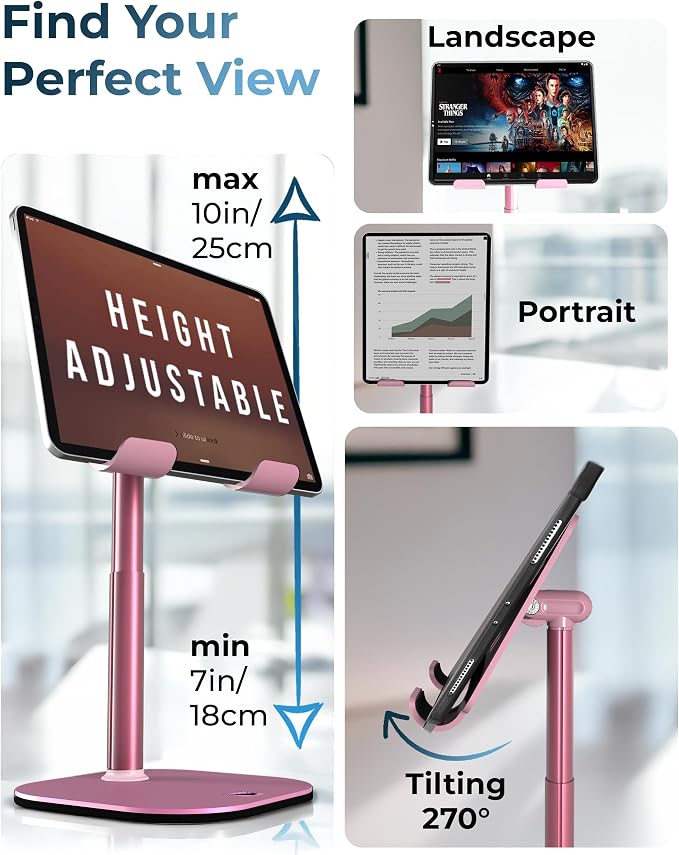 COOPER TabHolder, 7-10" Height Adjustable Tablet Stand, Premium iPad Stand for Desk, 270° Tilt iPad Holder, Kindle Holder, 15.6-17" Portable Monitor Support, (Lavender Pink) - Image 3