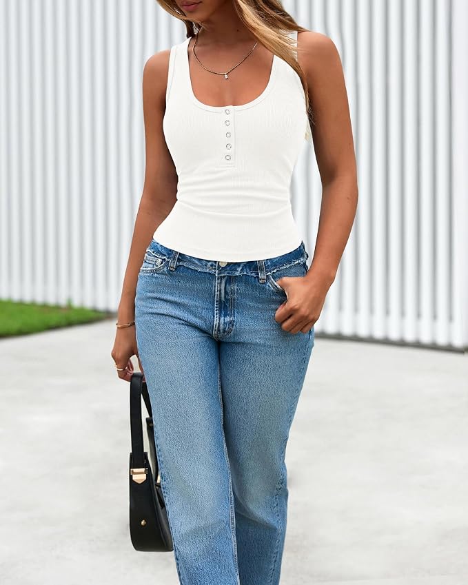 BTFBM Summer Tops for Women 2026 Scoop Neck Ribbed Henley Button Sleeveless Casual Spring Basic Tank Top Clothes Outfits - Image 6