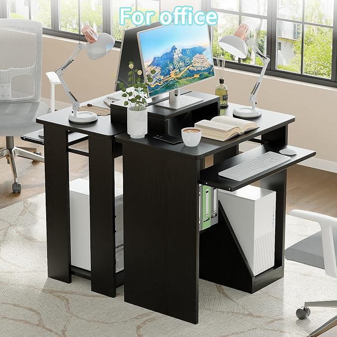 ALISENED 30 Inch Computer Desk, with Keyboard Tray & Monitor Stand | Compact Desk for Space-Saving, Ergonomic Study Desk with Storage Shelves for Writing, Gaming, Working, Black - Image 2