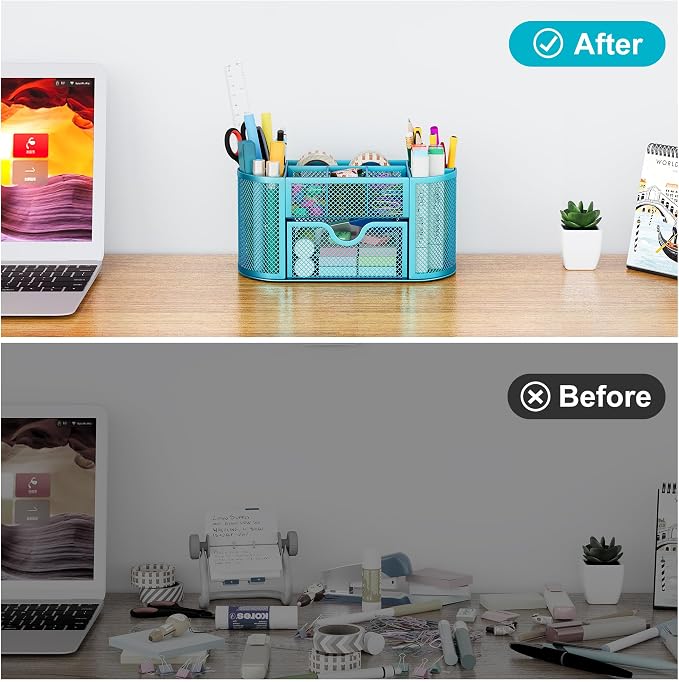 EasyPAG Mesh Pen Holder Desk Organizer with Drawer Stationery Supplies Organizer for Dorm School 9 Compartments Workspace Desk Accessories Organization for Office, Blue - Image 5