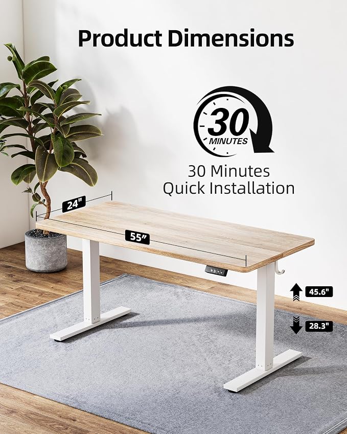TIQLAB Height Adjustable Electric Standing Desk, 55 x 24 inch, Sit Stand Up Desk, Splice Board, Computer Home Office Desk, White Frame/Maple Top - Image 3