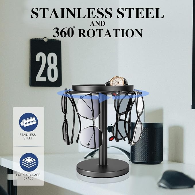 kondyfayo 360 Rotating Sunglass Organizer Glasses Holder (Titanium Black) | Stainless Steel Stand with 360 Rotation Holds 9 to 12 Pairs. Top Tray Stores Rings, and Keys for Desk, Dresser, Nightstand - Image 3