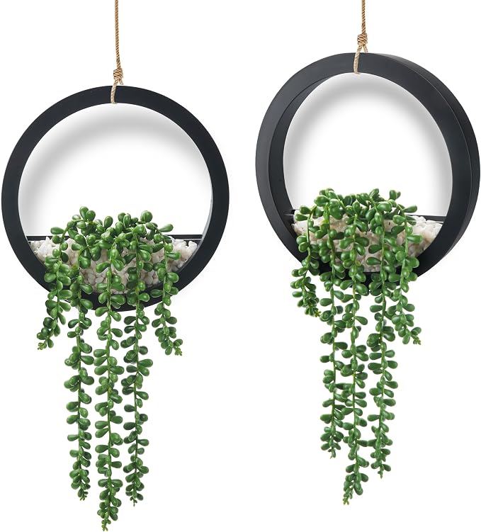 Der Rose 2 Pack Fake Plants Hanging Artificial Succulents Plants in Black Pots for Living Room Bathroom Accessories Boho Farmhouse Wall Decor by DerRose