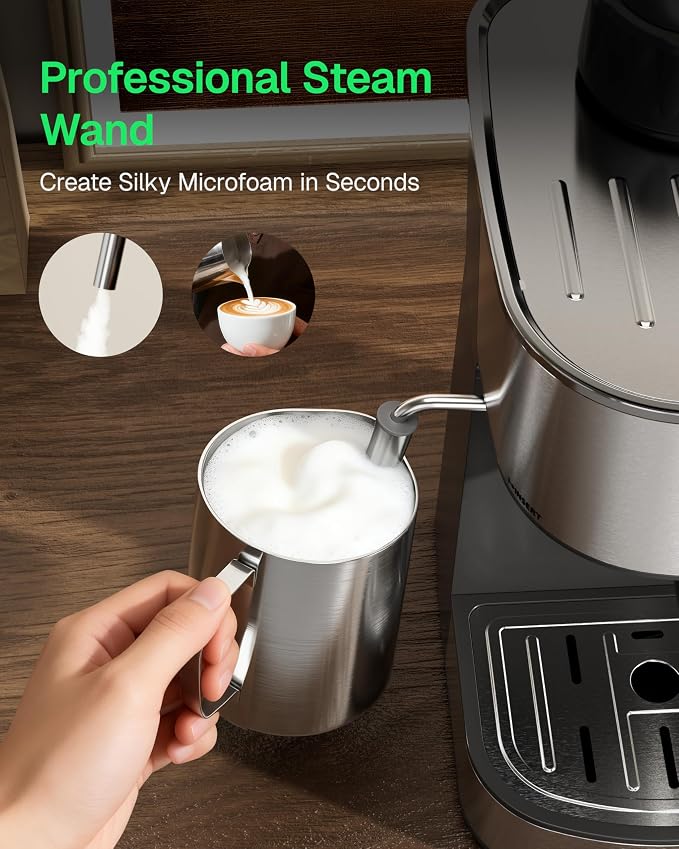 HBN Espresso Machine, 3.5Bar Cappuccino & Latte Maker, 2-4 Cup Stainless Steel Coffee Machine with Milk Frother, 800W Espresso Machine Maker with Steamer, Compact Coffee Maker for Home and Office - Image 4