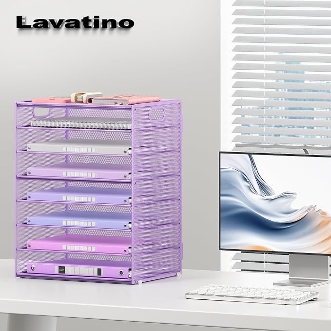 Lavatino 8-Tier Office Desk File Organizer, Letter Tray Paper Organizer with Handle, Including 5 Adjustable Slide Trays for Organizing Desktop Workspace Accessories and Supplies (Purple Metal Mesh) - Image 4