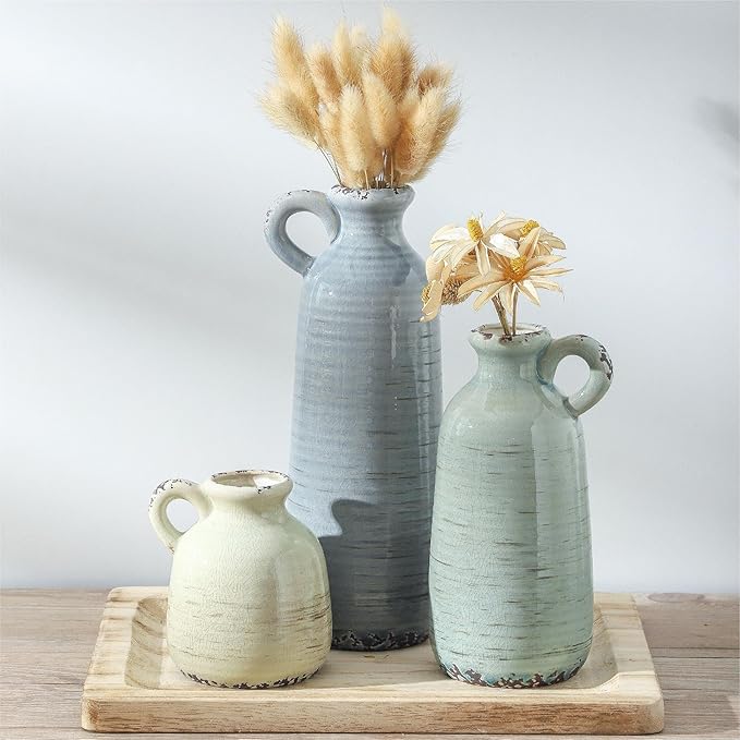 Ceramic Vase Set of 3 | Neutral Vase Home Decor with Handle | Pottery Modern Farmhouse Vases Pampas Grass Flower Vases for Home Decor Table Living Room Centerpieces Mantel Decor - Multicolor by ooit
