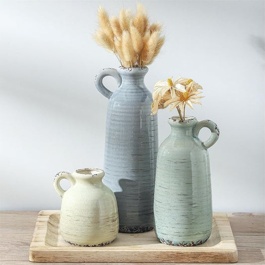 Ceramic Vase Set of 3 | Neutral Vase Home Decor with Handle | Pottery Modern Farmhouse Vases Pampas Grass Flower Vases for Home Decor Table Living Room Centerpieces Mantel Decor - Multicolor by ooit