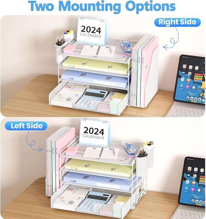 OPNICE Desk Organizer, 4-Tier Desktop File Organizer with Drawer and Pen Holders, Office Desk Accessories, File Sorters, Workspace Organizers for Office Supplies(White) - Image 7