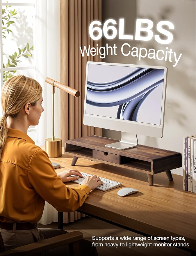 TINAMO Acacia Wood Monitor Stand with Drawer - Wooden Monitor Riser for Desk - Computer Monitor Stand for Desk - Multi-Purpose Desktop Storage Stand for Computer; Laptop; Printer; TV - 24.4 " x 8" x 5" (Walnut color) (Patented) - Image 4