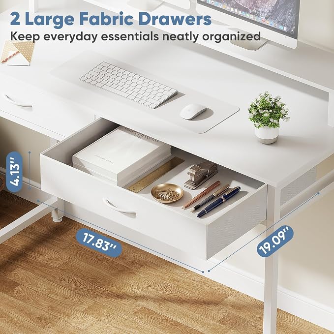 DUMOS 39.4" x 19.7" Compact Computer Desk with Monitor Stand and 2 Drawers, Small Writing Desk with Drawers for Home Office, Study Table for Small Spaces, White - Image 4