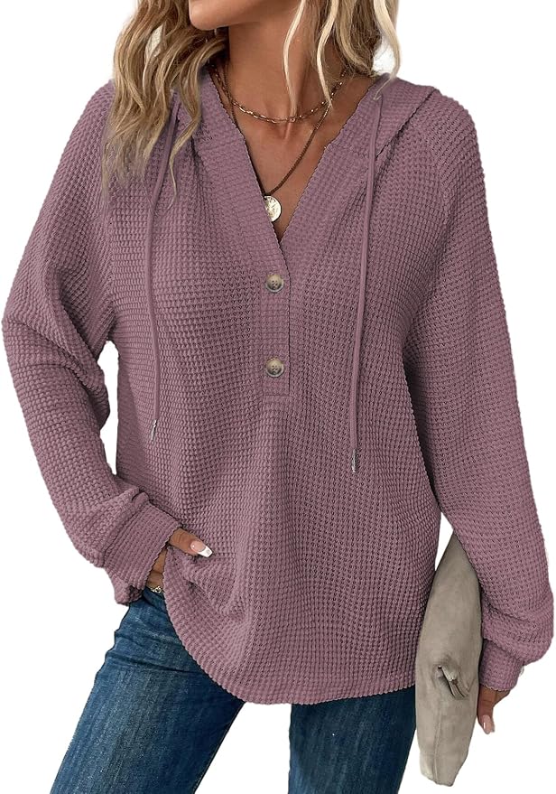 Dokotoo Hoodies for Women Waffle Knit Long Sleeve Drawstring Button V Neck Casual Sweatshirt Hooded Tops Fashion Clothing by Dokotoo