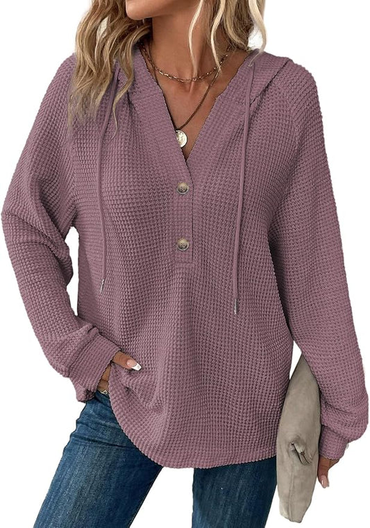 Dokotoo Hoodies for Women Waffle Knit Long Sleeve Drawstring Button V Neck Casual Sweatshirt Hooded Tops Fashion Clothing by Dokotoo