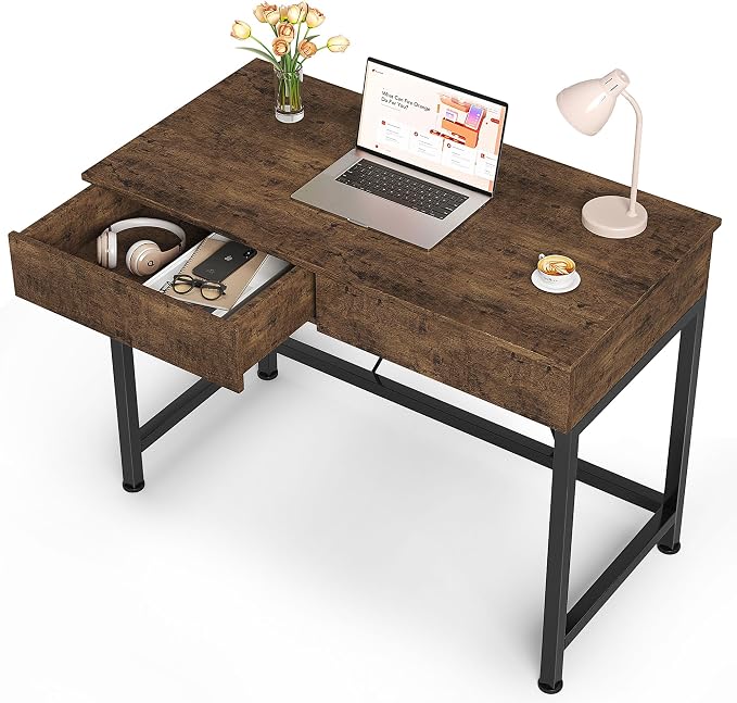 Mexin Small Desk with 2 Wooden Drawers, 40 Inch Home Office Writing Desk, Vanity Desk with Storage, Computer Desk for Bedroom Small Spaces, Table for Office, Kids Study, Makeup, Rustic Brown by Mexin