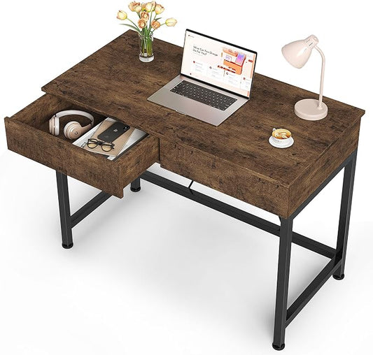 Mexin Small Desk with 2 Wooden Drawers, 40 Inch Home Office Writing Desk, Vanity Desk with Storage, Computer Desk for Bedroom Small Spaces, Table for Office, Kids Study, Makeup, Rustic Brown by Mexin