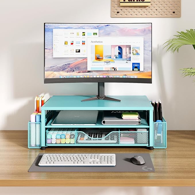 OPNICE Desk Organizers and Accessories, 2-Tier Computer Monitor Stand Riser with Drawer and 2 Pen Holders, Laptop Stand, Office Desk Accessories for Office Supplies, Teal Blue - Image 6