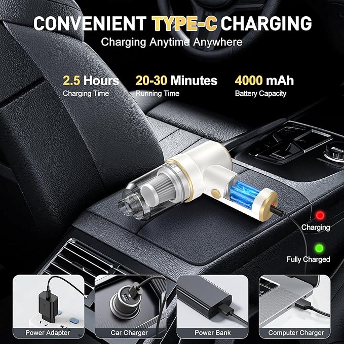 KMM Handheld Car Vacuum Cleaner, 9000PA Vacuum Cleaner & Air Duster, 120W High Power Vacuum Portable Cordless, Hand Held Vacuum Rechargeable with Multi-Nozzles & LED Light for Home, Car, Office - Image 4