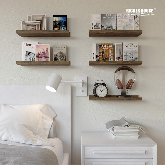 RICHER HOUSE 8 Set Floating Wall Mounted Shelves, Nursery Hanging Book Shelves with Lip for Storage, Display Picture Ledge Shelf for Bedroom Bathroom Kitchen Living Room Wall Decor, Rustic Brown | Display Picture Ledge Shelf, Anti-drop lip Shelf for Ro... - Image 6