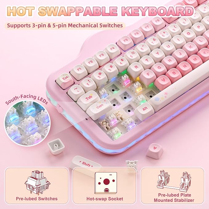 YUNZII C98 Cute Cake Wireless Mechanical Keyboard (Pink, Milk Switch) | 99 Keys with Number Pad, Hot Swap, PBT MOA Keycaps, BT5.0/2.4G/USB-C, Gasket Mount, Custom RGB Backlit for Win/Mac - Image 5