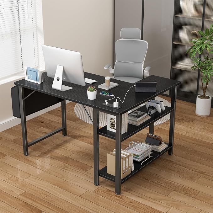 Lufeiya Small L Shaped Desk with Power Outlet Shelves, 40 Inch Corner Computer Desk for Small Space Home Office, L-Shaped Gaming Desk PC Desks with Charging Station, Black - Image 4