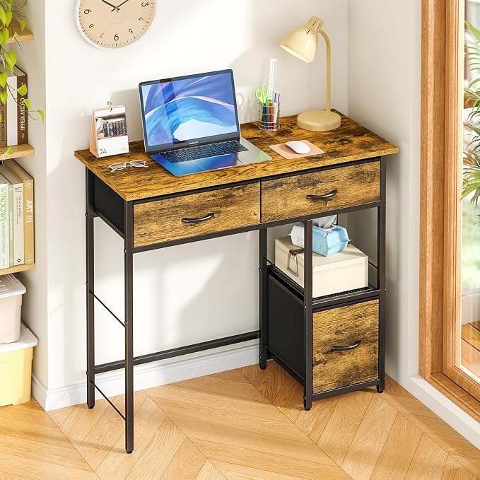 3IngSeagulls 33 Inch Small Computer Desk with Fabric Drawers, Home Office Desk with Storage Shelf, Compact Desks for Small Spaces, Teen Study Table for Bedroom, Rustic Brown - Image 6