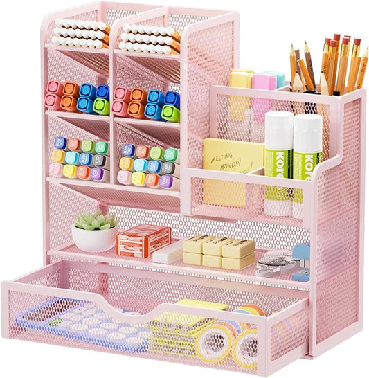 Marbrasse Mesh Desk Organizer with Drawer, Multi-Functional Pencil Organizer, 12 Compartments, Pink, Modern, Minimalist by Marbrasse