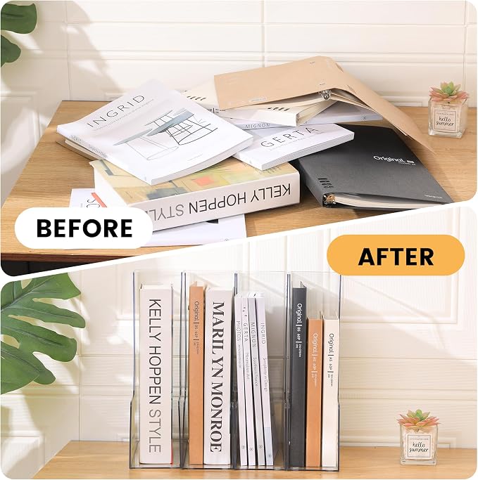 CiWiVOKi Vertical File Holder, PET Desk Organizer, Multi-purpose Plastic Document Storage Bins for Magazines, Binders, Notebooks, Envelopes, 2 Pack - Image 7
