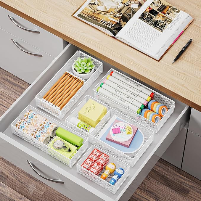 Marbrasse 5 Pack Desk Drawer Organizer Set, Mesh Drawer Storage Trays with 1 Adjustable Divider, Desk Organizers and Accessories, 5 PCS Drawer for Office Supplies, Makeup & Vanity (White) - Image 6