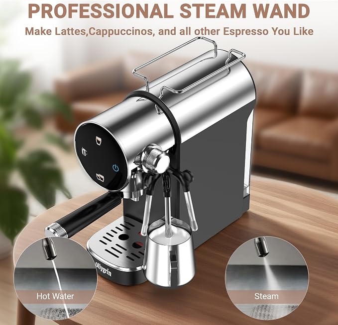 Ollygrin 20 Bar Espresso Coffee Machine, Semi-Automatic Espresso Machine with Touch Panel, 1350W Espresso Maker with Steam Wand, Removable Drip Tray & Water Tank, Modern Design for Latte & Cappuccino - Image 3