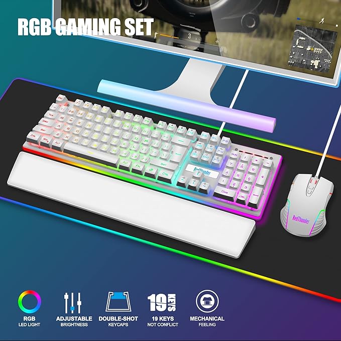 RedThunder K10 Wired Gaming Keyboard and Mouse and Wrist Rest Combo, RGB Backlit, Mechanical Feel Anti-ghosting Keyboard + 7D 7200 DPI Mice+Soft Leather Wrist Rest 3 in 1 PC Gamer Accessories(White) - Image 2