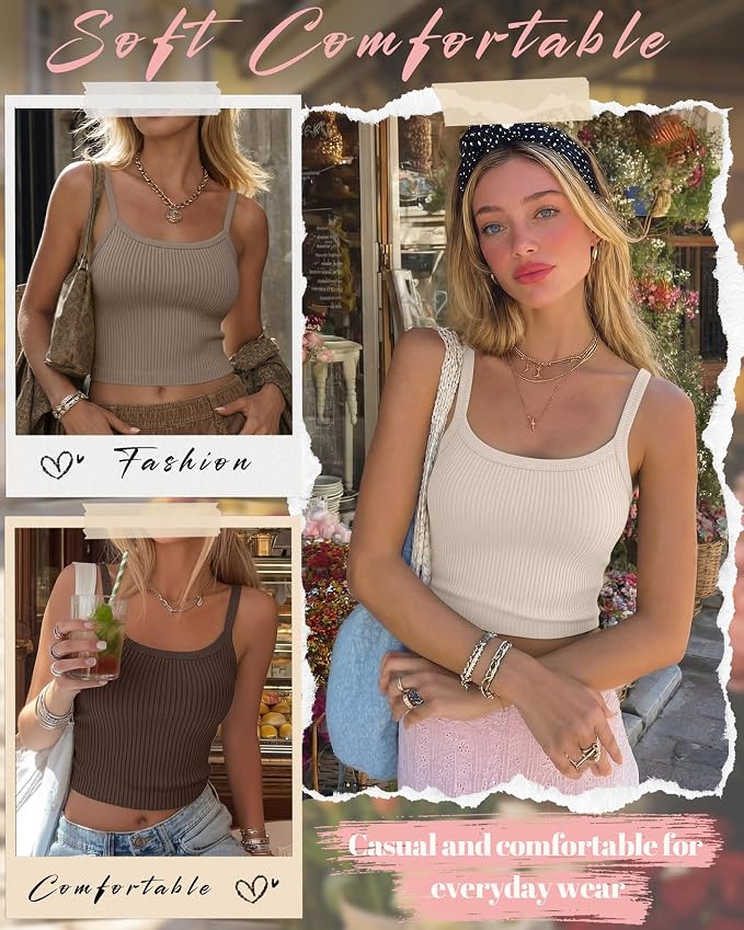 Ficerd 3 Pack Women's Tank Tops 95% Cotton Spaghetti Strap Ribbed Crop Camisole Slim Fitted Basic Summer Sleeveless Layer - Image 5