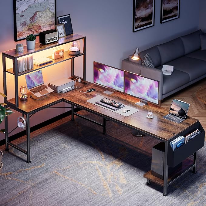 PRAISUN L Shaped Gaming Desk with LED Lights & Power Outlets, Reversible Computer Desk with Storage Shelves & Bag, Large Corner Home Office Desk with Pegboard for Work from Home, Rustic Brown - Image 7