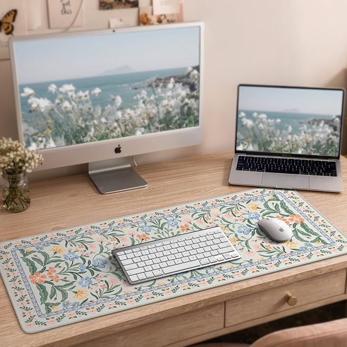 iCasso Aesthetic Desk Mat,31.5x11.8 Mouse Pads,Green Floral | Anti-Slip Mousepad with Stitched Edges, Waterproof Computer Pad, Green Desk Accessories Office Decor for Women - Image 8