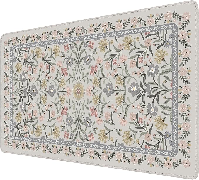 iCasso Aesthetic Mouse pad,23.6x13.7 Desk Pad Mat, Gray Floral | Desk Matt for Desktop, Anti-Slip Mousepad with Stitched Edges for Laptop Computer Keyboard by iCasso