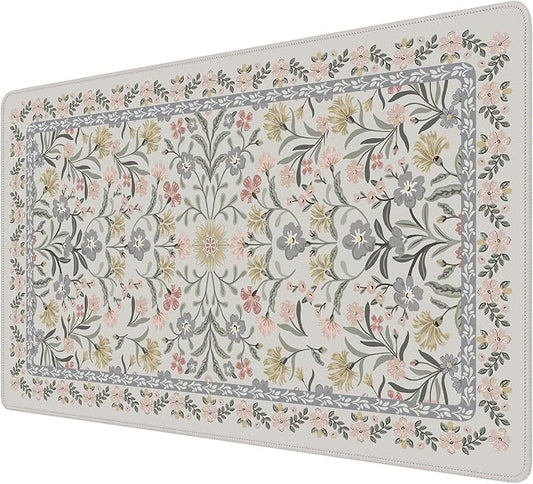 iCasso Aesthetic Mouse pad,23.6x13.7 Desk Pad Mat, Gray Floral | Desk Matt for Desktop, Anti-Slip Mousepad with Stitched Edges for Laptop Computer Keyboard by iCasso