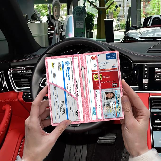 TOURSUIT Car Registration and Insurance Card Holder, Glitter Pink | Vehicle License Document Organizer, Glove Box Compartment, Interior Car Accessories, For Women Men - Image 5
