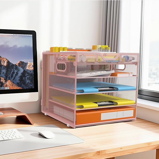 Docnest 5 Tier Desk Organizer with Hanging File Folder Holder&Tray, Pink | Features 3 detachable pen holders and 4 removable dividers.Versatile mesh desktop storage for mail, document,office supplie - Image 6