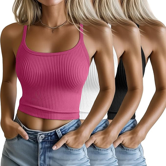 Ficerd 3 Pack Women's Tank Tops 95% Cotton Spaghetti Strap Ribbed Crop Camisole Slim Fitted Basic Summer Sleeveless Layer by Ficerd