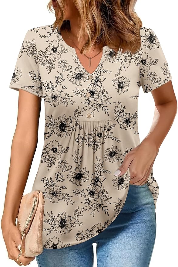Zeagoo Womens Short Sleeve Tops Summer Henley V-Neck Tshirts Casual Pleated Blouse Dressy Loose Floral Basic Tee - Image 2