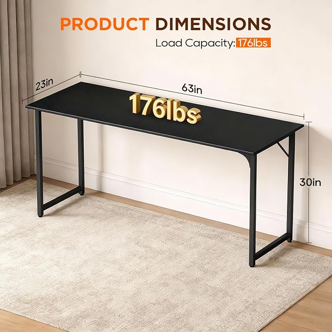 PayLessHere | 63 Inch Computer Desk | Black | Office Desk with Metal Frame, Adjustable Feet | Water-Resistant, Scratchproof Surface | Sturdy Writing Table for Home Office or Study | Pack of 1 - Image 3