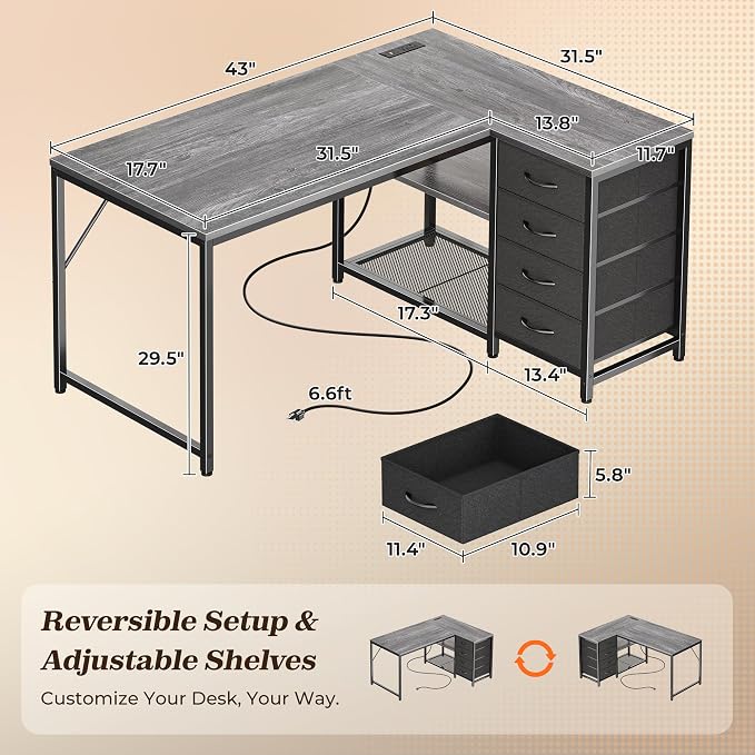 PRAISUN 43.3" Small Computer Desk with Power Outlets & USB-C Port, Reversible L Shaped Corner Office Desk with 4 Fabric Drawers and 2 Adjustable Storage Shelves, for Gaming Writing, Grey - Image 2