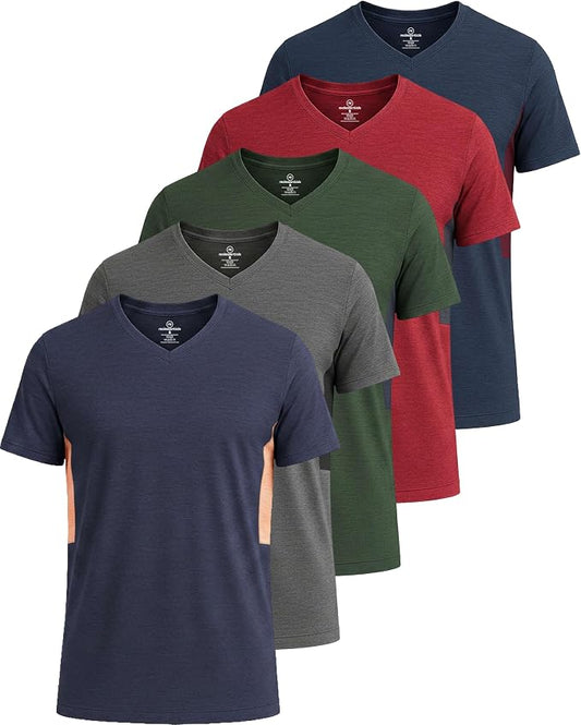 5 Pack Men's Dry Fit V Neck Gym Workout T Shirts Athletic Moisture Wicking | Cooling, Quick Dry, Breathable, Short Sleeve, Exercise, Cycling, Sports, Outdoor, Fitness, Golf, Crossfit, Hiking, Tennis by RealEssentials