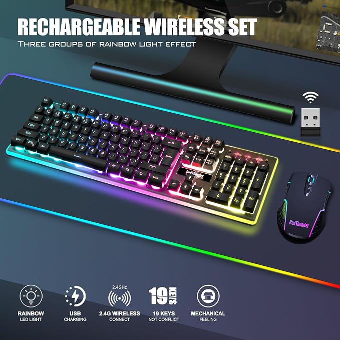 RedThunder K10 Wireless Gaming Keyboard and Mouse Combo, LED Backlit Rechargeable 3800mAh Battery, Mechanical Feel Anti-ghosting Keyboard + 7D 3200DPI Mice for PC Gamer (Black) - Image 2